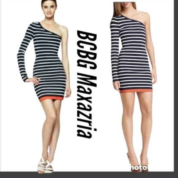 BCBG Maxazria Small NWOT Bandage
Inya Navy Combo Stripe One
Shoulder Dress - Picture 2 of 8